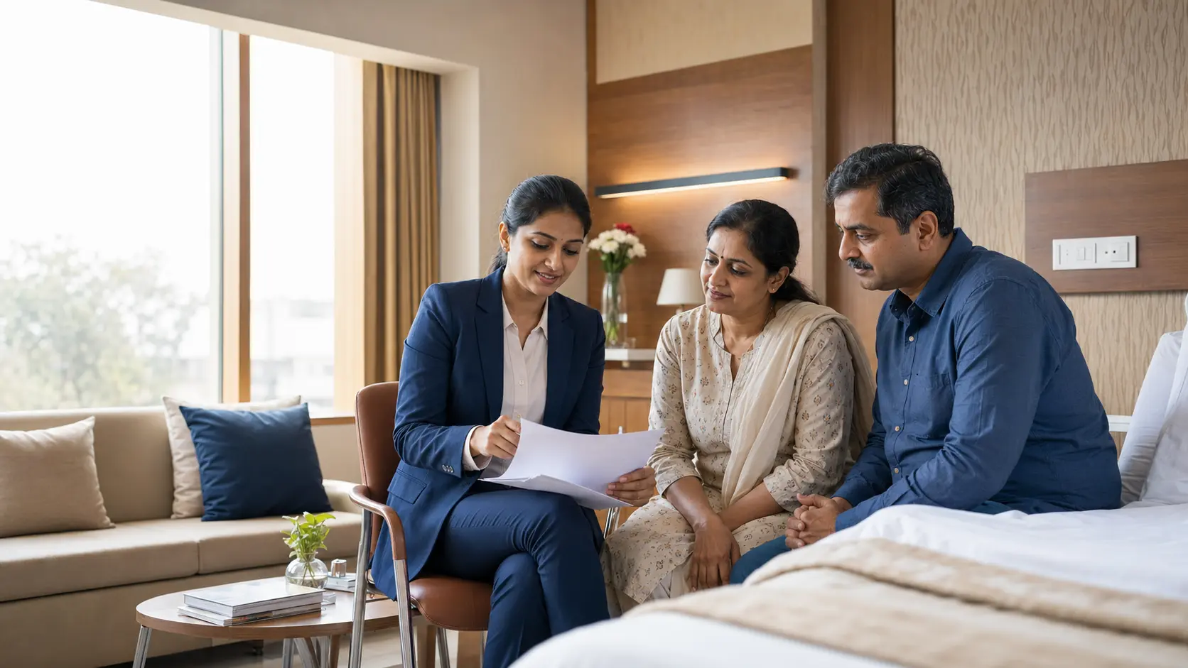 A WeAssist claims coordinator supporting a patient and family in an Indian hospital